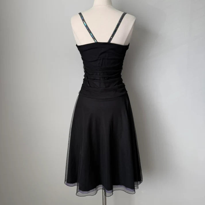 A-line Spaghetti Strap 3D Floral Chiffon Tulle Black Short Party Dress