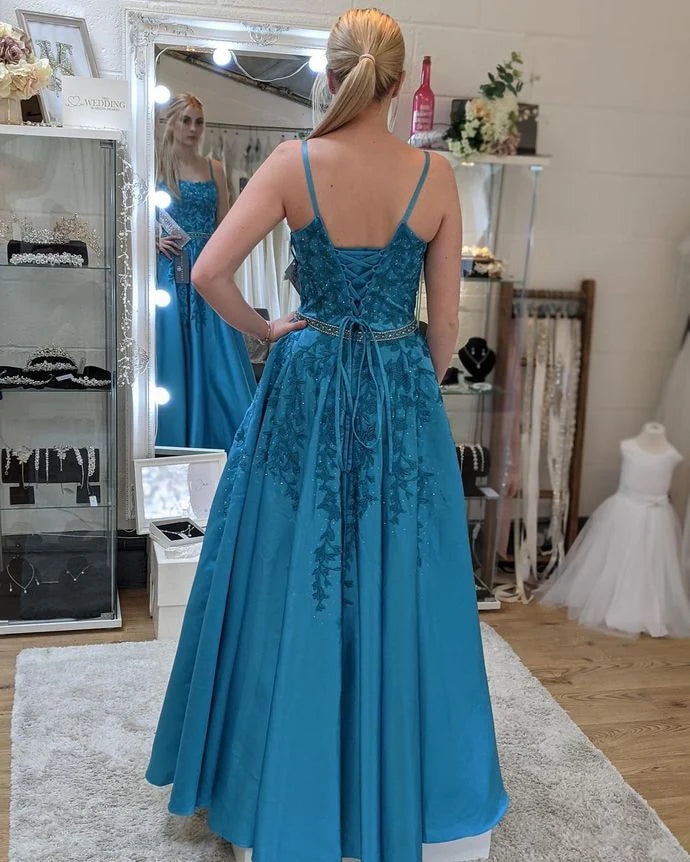 A-line Spaghetti Straps Applique Beaded Turquoise Long Prom Dress