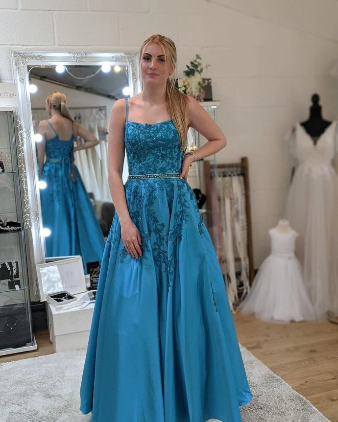 A-line Spaghetti Straps Applique Beaded Turquoise Long Prom Dress