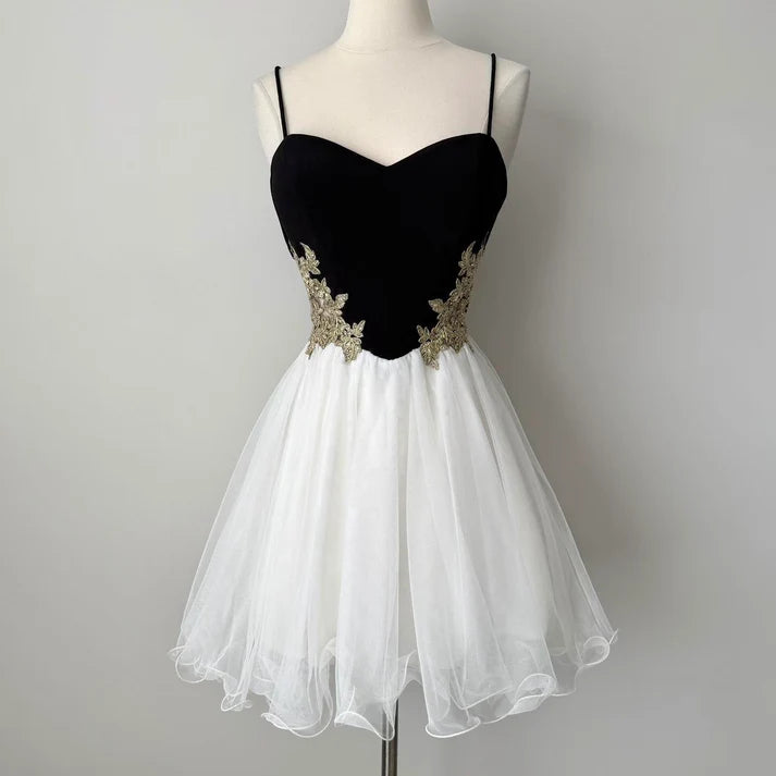 A-line Spaghetti Straps Applique Chiffon Black And White Short Party Dress