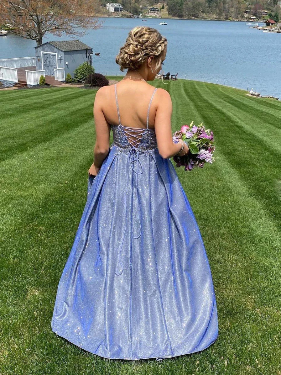 A-line Spaghetti Straps Appliques Lace Blue Long Prom Dress