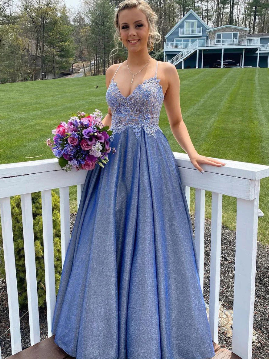 A-line Spaghetti Straps Appliques Lace Blue Long Prom Dress