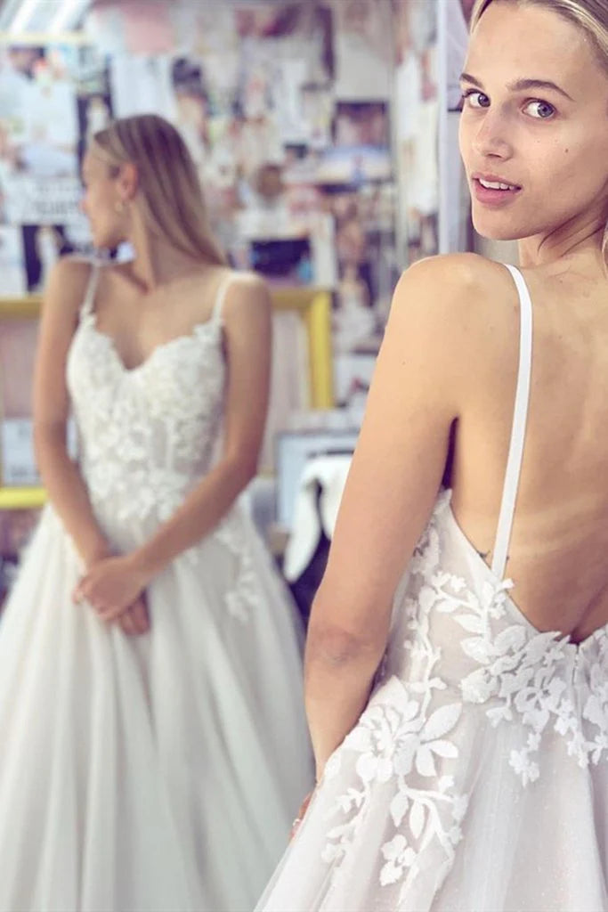 A-line Spaghetti Straps Appliques Tulle White Long Prom Dress Wedding Dress
