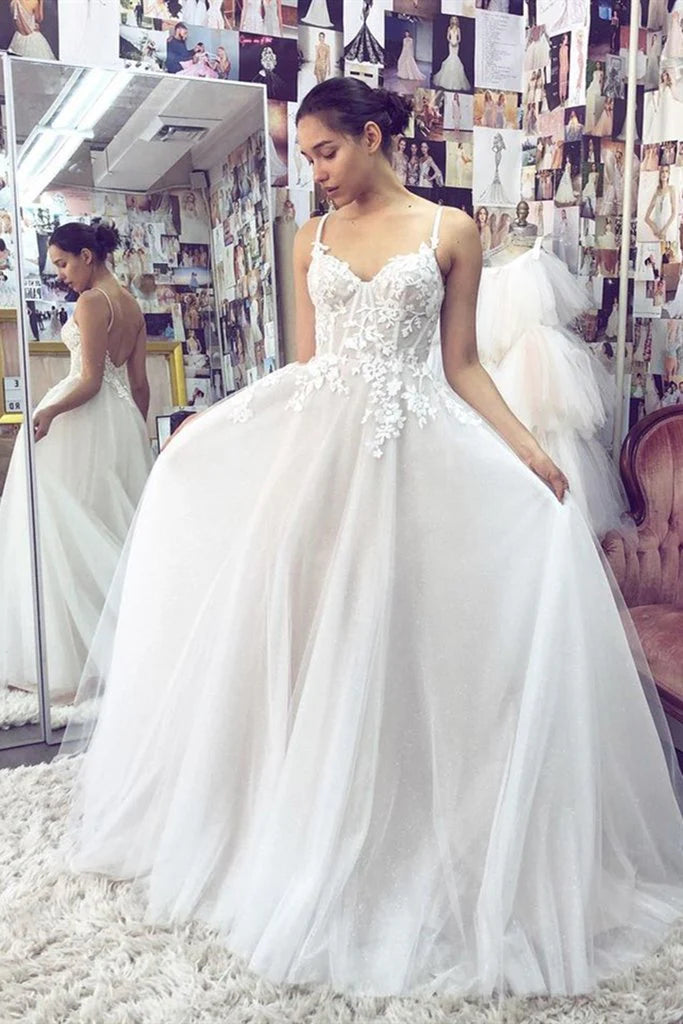 A-line Spaghetti Straps Appliques Tulle White Long Prom Dress Wedding Dress