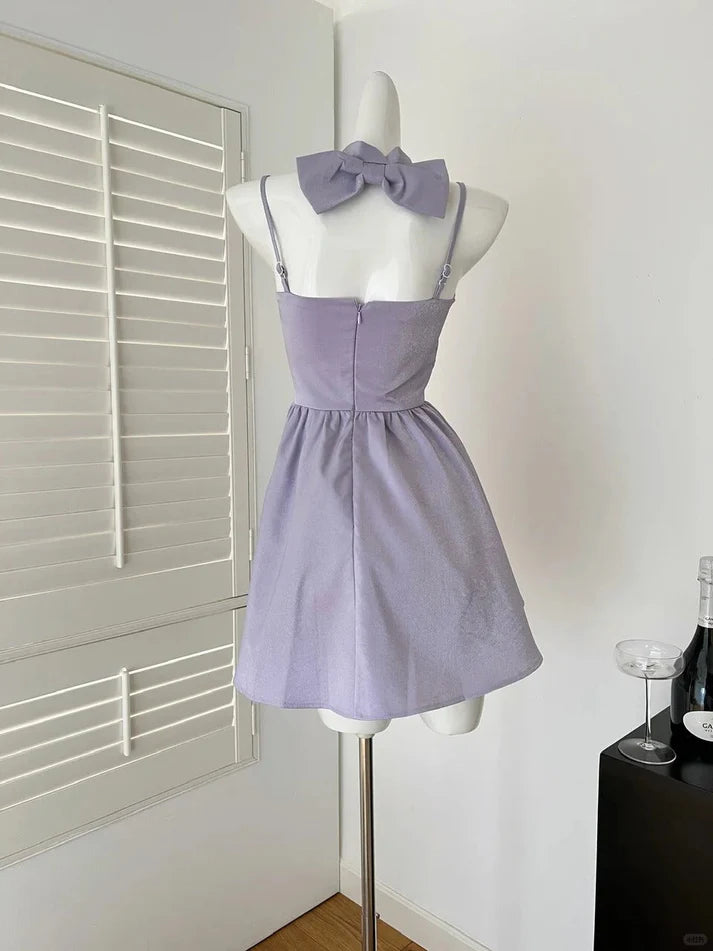 A-line Spaghetti Straps Bow Satin Purple Short Birthday Party Dress