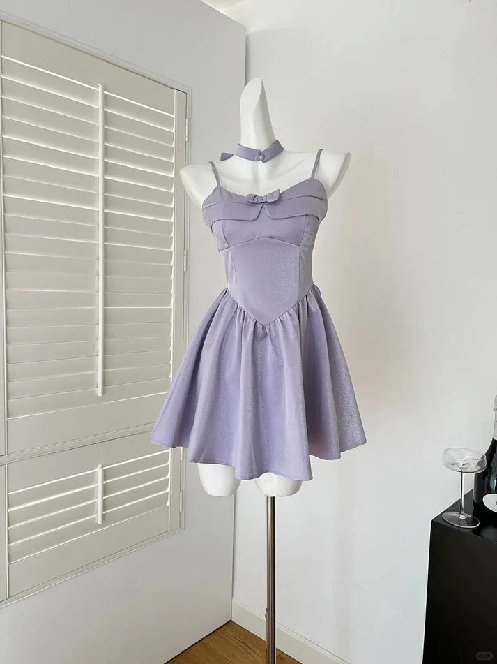 A-line Spaghetti Straps Bow Satin Purple Short Birthday Party Dress