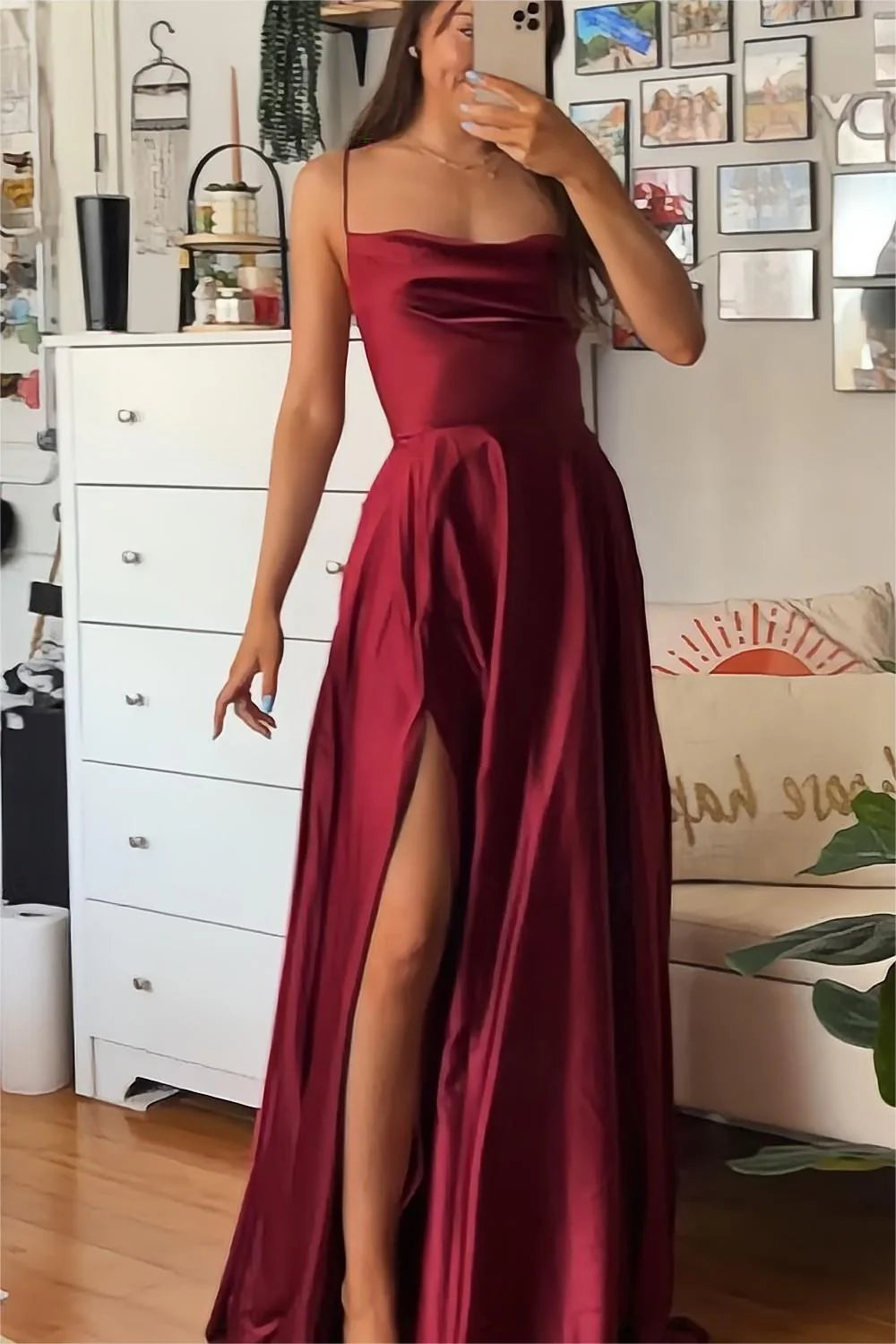 A-line Spaghetti Straps Corset Satin Burgundy Floor Length Prom Dress