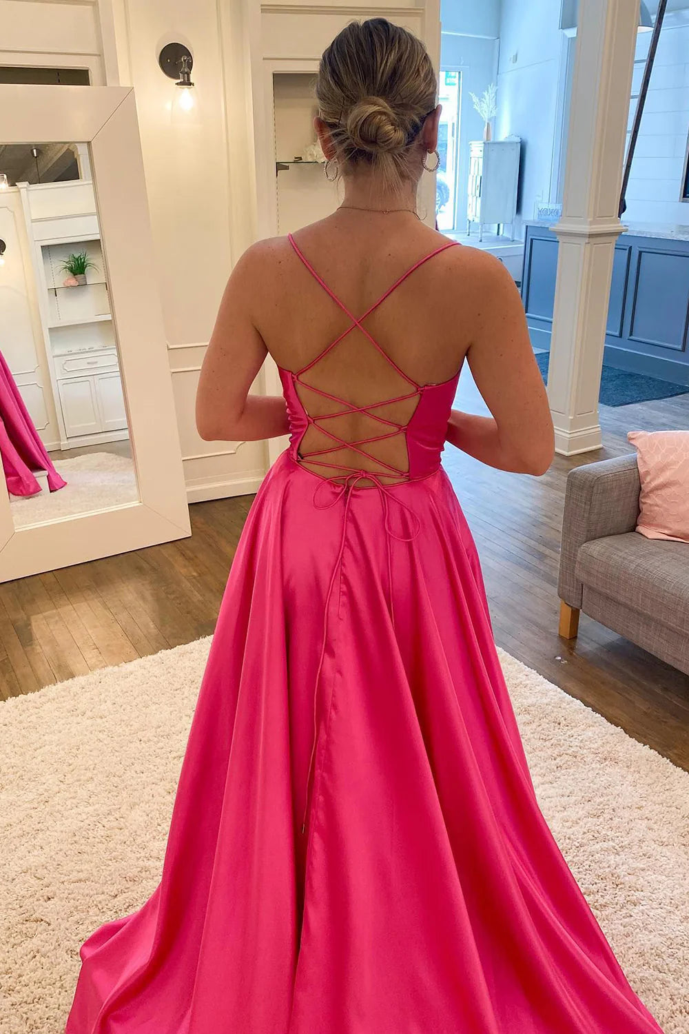 A-line Spaghetti Straps Corset Satin Hot Pink Floor Length Prom Dress