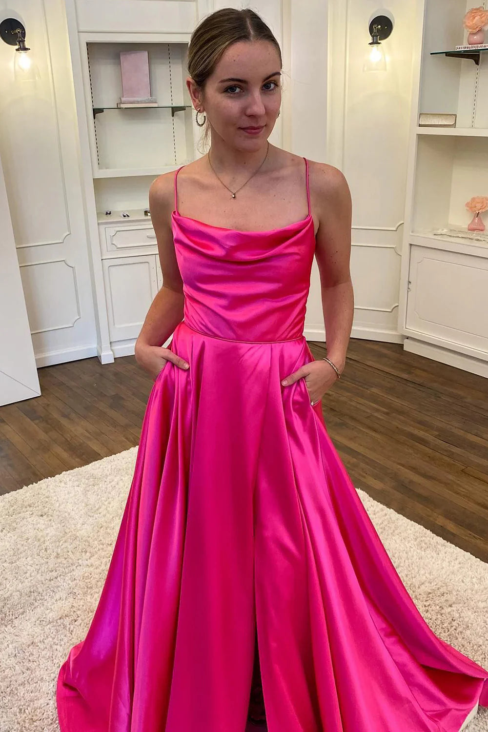 A-line Spaghetti Straps Corset Satin Hot Pink Floor Length Prom Dress