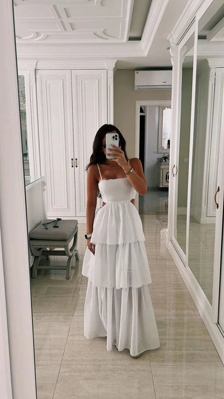 A-line Spaghetti Straps Cut Out Tiered White Long Evening Dress Prom Dress