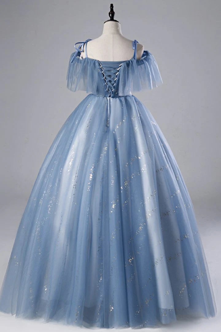 A-line Spaghetti Straps Lace Tulle Blue Long Prom Dress With Applique