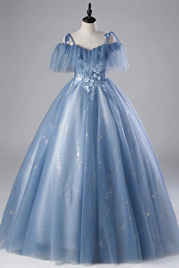 A-line Spaghetti Straps Lace Tulle Blue Long Prom Dress With Applique
