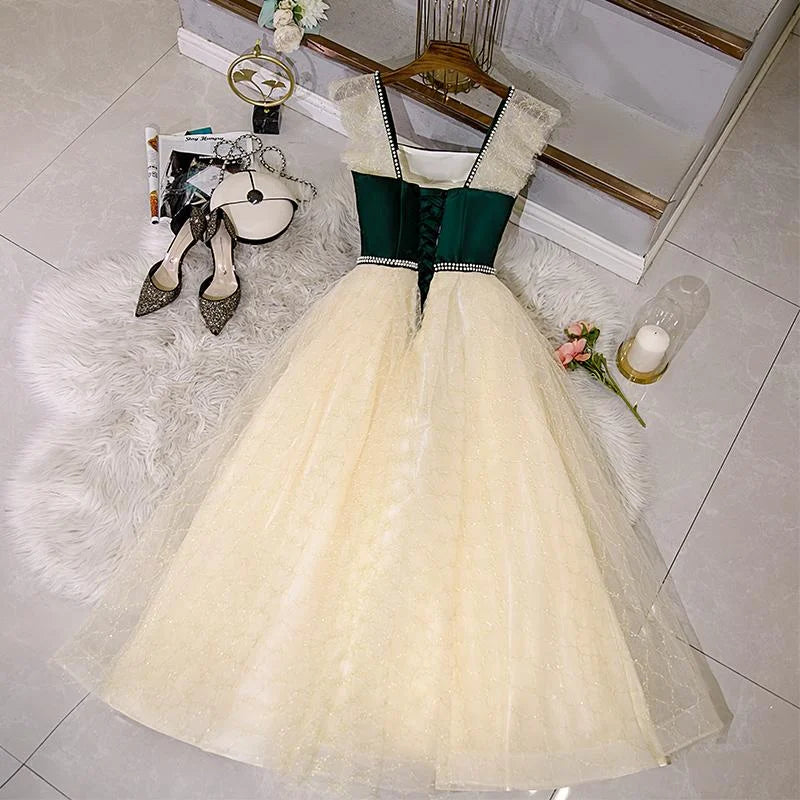 A-line Spaghetti Straps Pearls Tulle Green Champagne Short Prom Dress Party Dress
