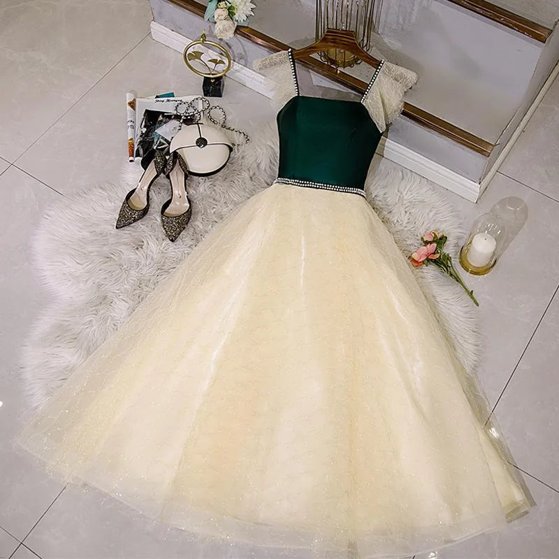 A-line Spaghetti Straps Pearls Tulle Green Champagne Short Prom Dress Party Dress