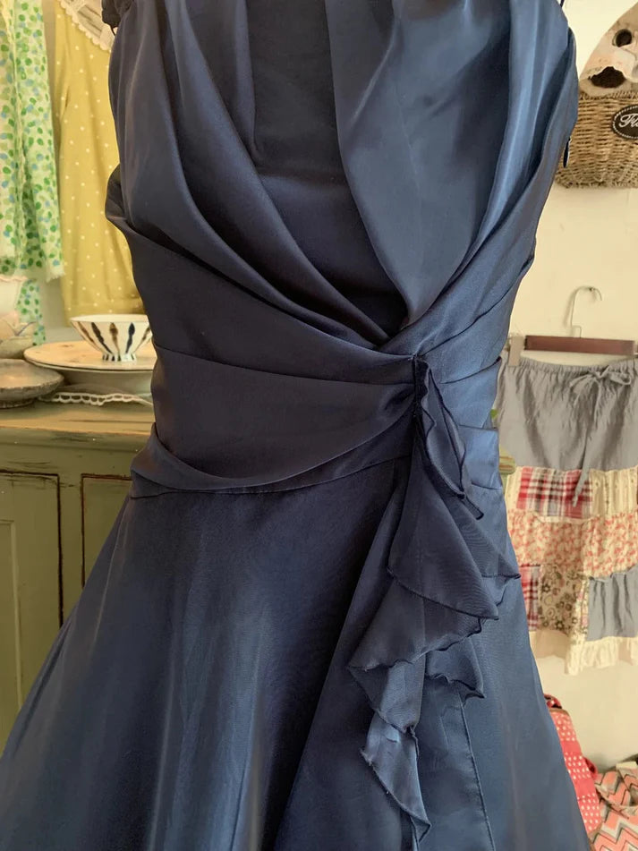 A-line Spaghetti Straps Pleated Chiffon Tulle Blue Short Party Dress