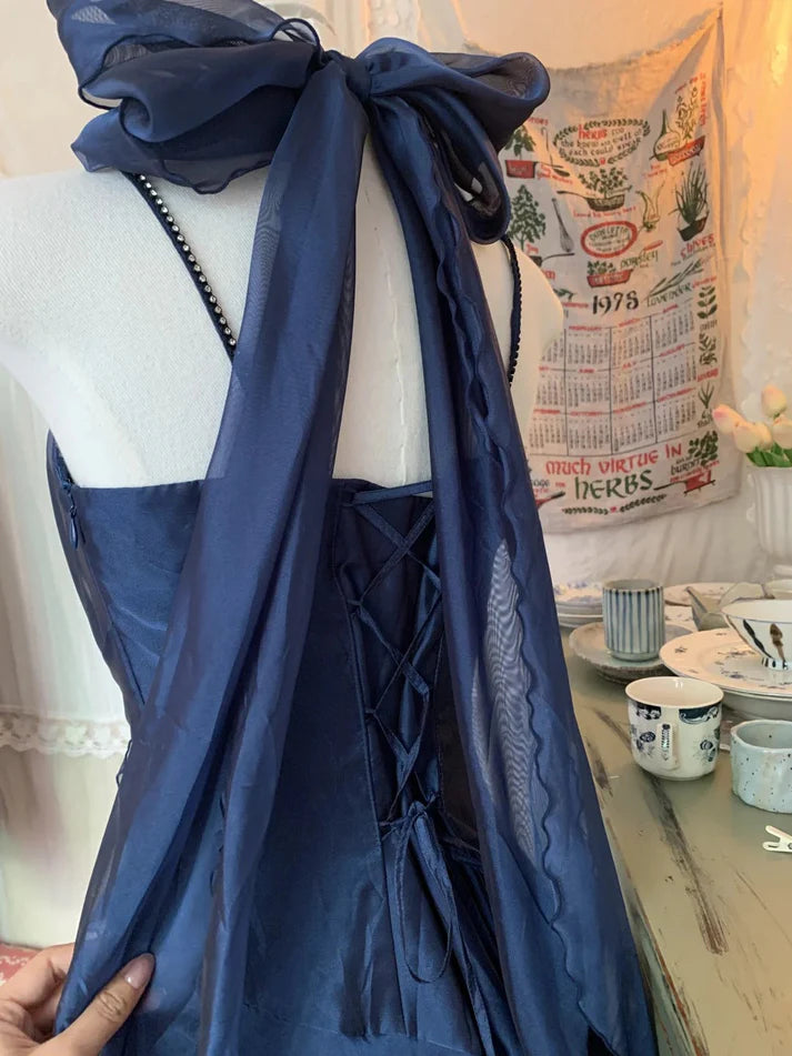 A-line Spaghetti Straps Pleated Chiffon Tulle Blue Short Party Dress