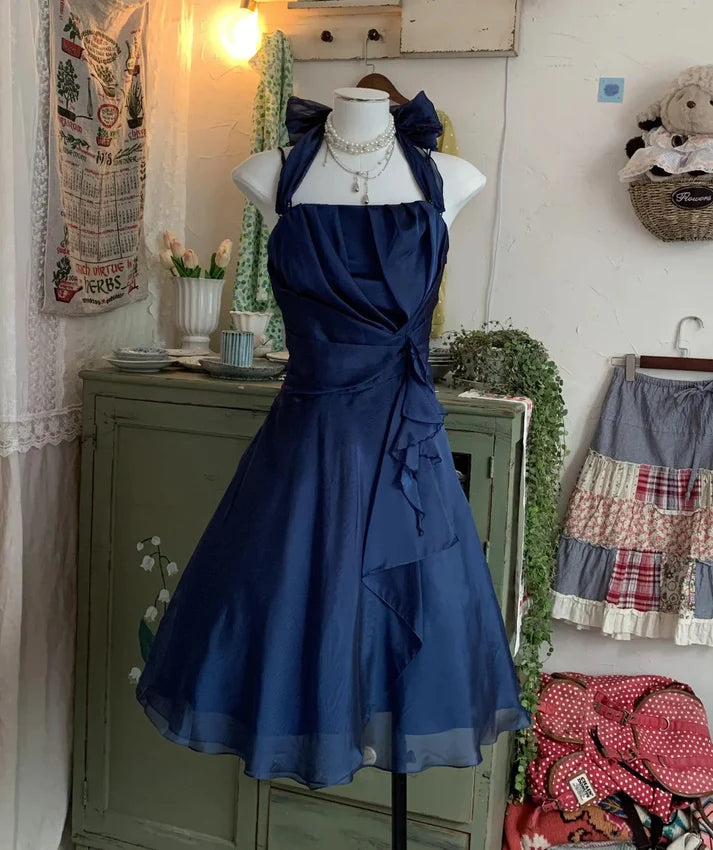 A-line Spaghetti Straps Pleated Chiffon Tulle Blue Short Party Dress