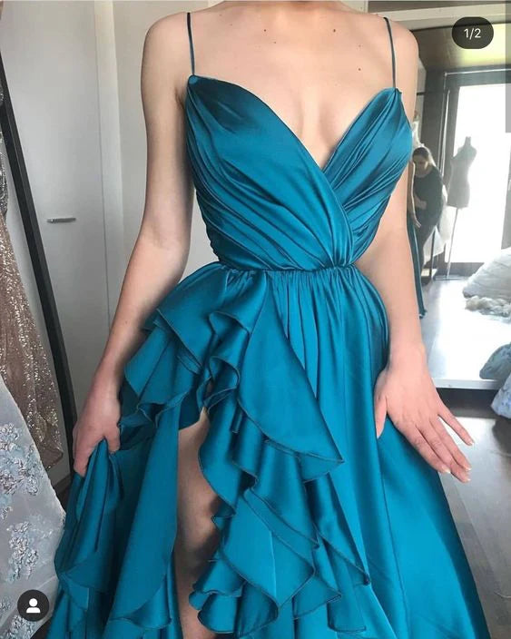A-line Spaghetti Straps Ruffle Satin Peacock Long Prom Dress Evening Dress