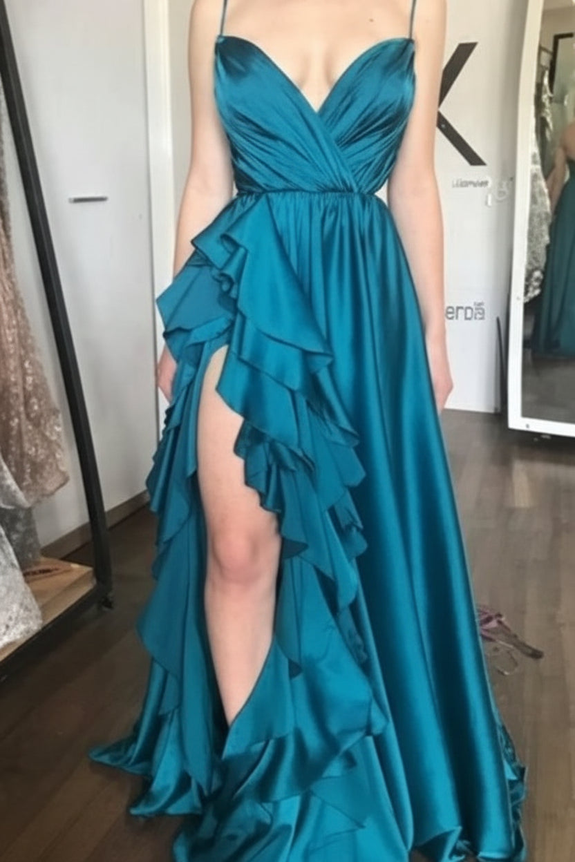 A-line Spaghetti Straps Ruffle Satin Peacock Long Prom Dress Evening Dress