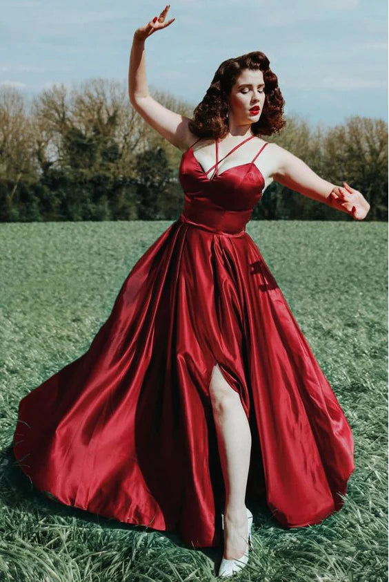 A-line Spaghetti Straps Satin Burgundy Floor Length Prom Dress With Slit