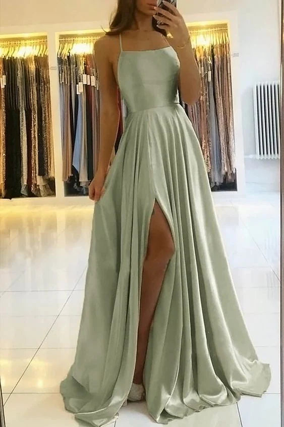 A-line Spaghetti Straps Satin Sage Green Floor Length Prom Dress Evening