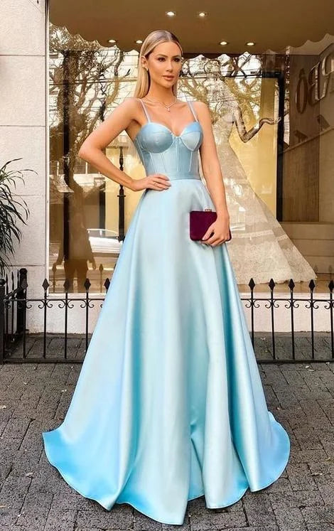 A-line Spaghetti Straps Sweetheart Corset Satin Blue Long Prom Dress