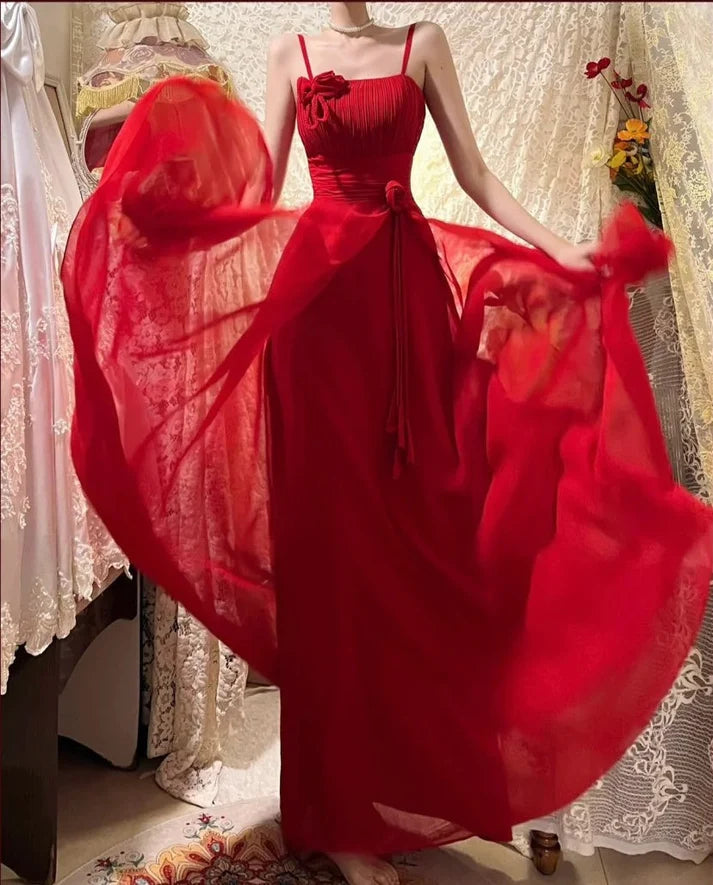 A-line Spaghetti Straps Tie Floral Double Satin Tulle Red Long Party Dress