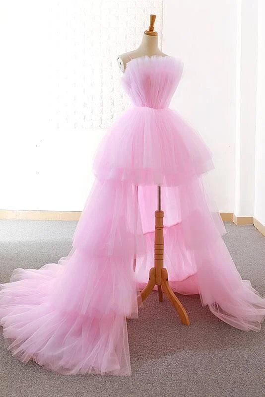 A-line Spaghetti Straps Tiered Tulle Pink High Low Prom Dress Evening Dress