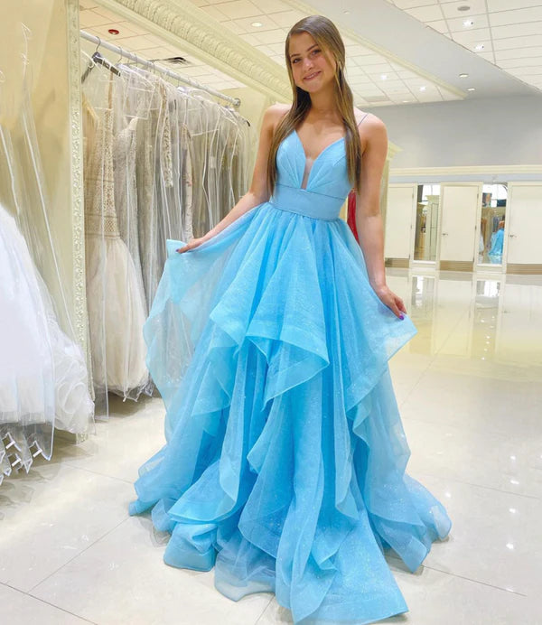 A-line Spaghetti Straps Tulle Blue Long Prom Dress With Asymmetrical Hem