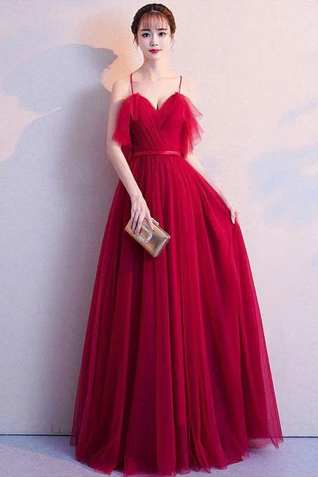A-line Spaghetti Straps Tulle Burgundy Long Prom Dress Evening Dress