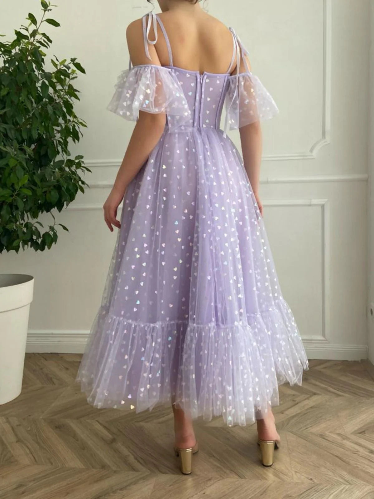 A-line Spaghetti Straps Tulle Purple Tea Length Prom Dress Evening Dress