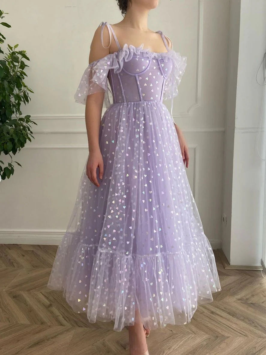 A-line Spaghetti Straps Tulle Purple Tea Length Prom Dress Evening Dress