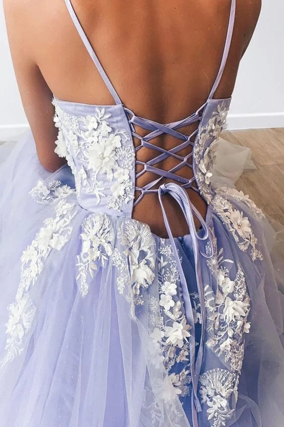 A-line Spaghetti Straps White Lace Appliques Tulle Lavender Long Prom Dress