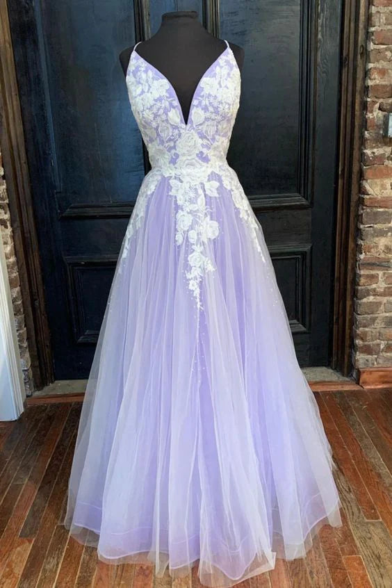 A-line Spaghetti Straps White Lace Appliques Tulle Lavender Long Prom Dress
