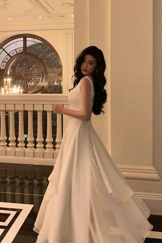 A-line Square Neck Chiffon White Long Prom Dress Evening Dress Custom