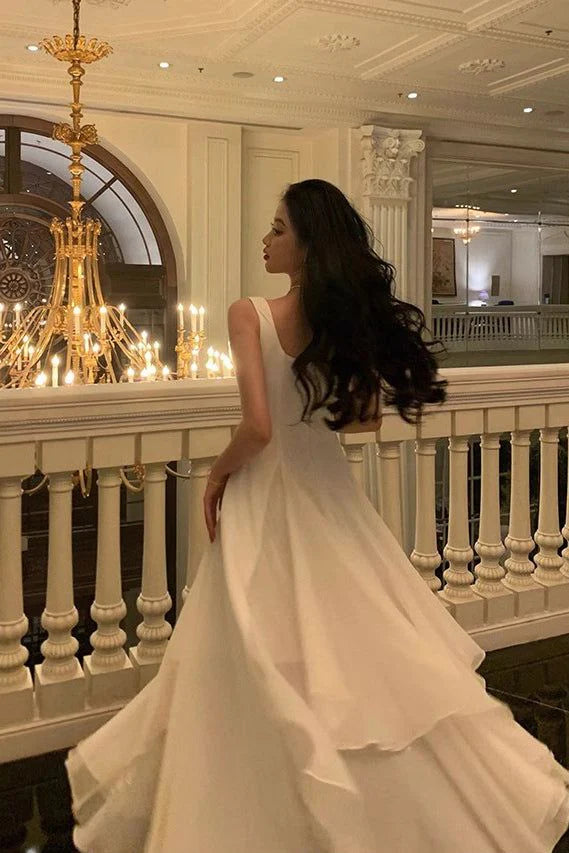 A-line Square Neck Chiffon White Long Prom Dress Evening Dress Custom