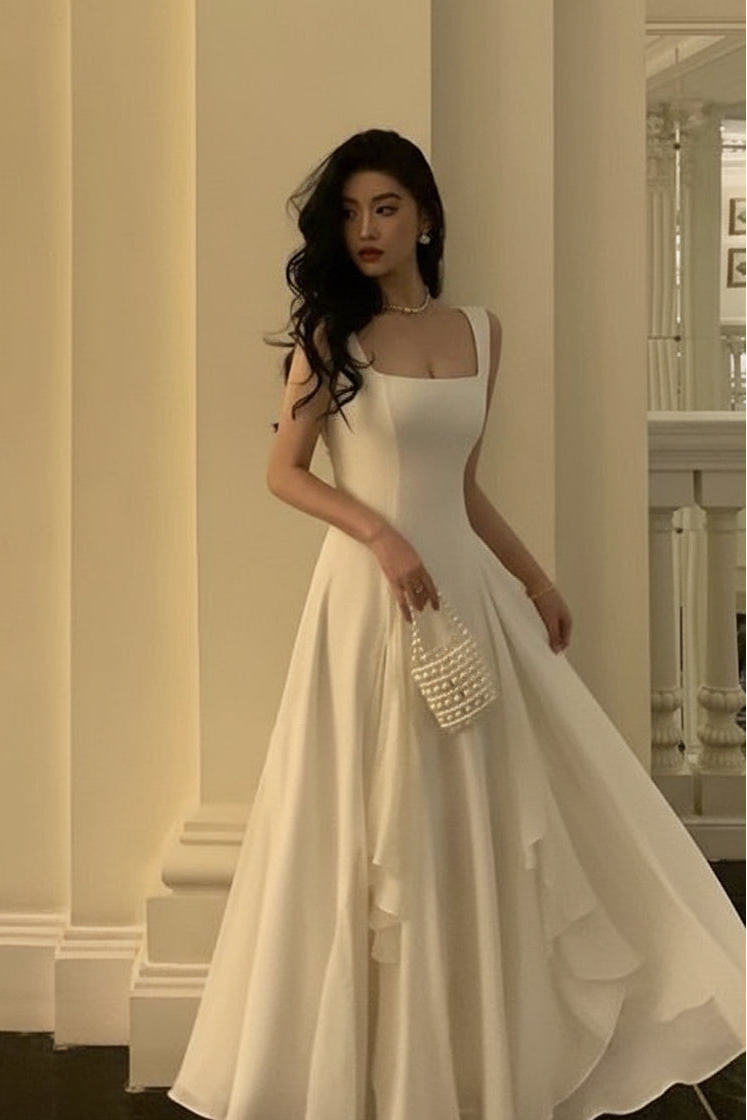 A-line Square Neck Chiffon White Long Prom Dress Evening Dress Custom