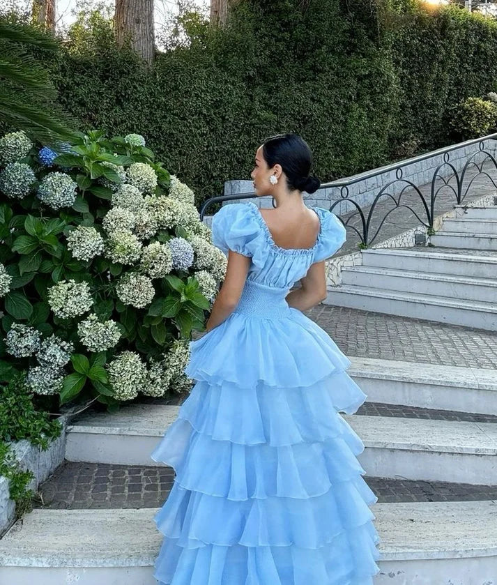 A-line Square Neck Short Sleeve Corset Tiered Tulle Blue Long Party Dress