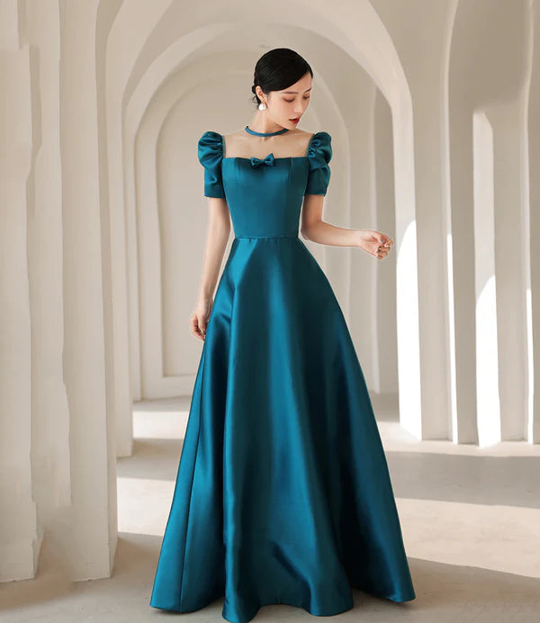 A-line Square Neck Short Sleeves Satin Blue Long Prom Dress Evening Dress