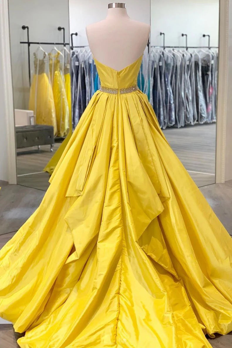 A-line Strapless Beaded Satin Yellow Long Prom Dress Evening Dress