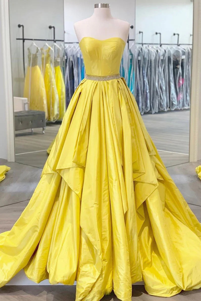 A-line Strapless Beaded Satin Yellow Long Prom Dress Evening Dress