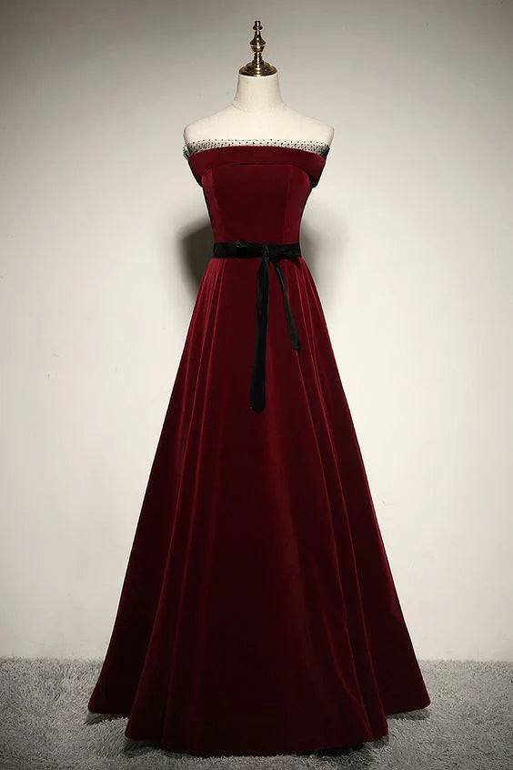 A-line Strapless Belt Velvet Burgundy Long Prom Dress Evening Dress