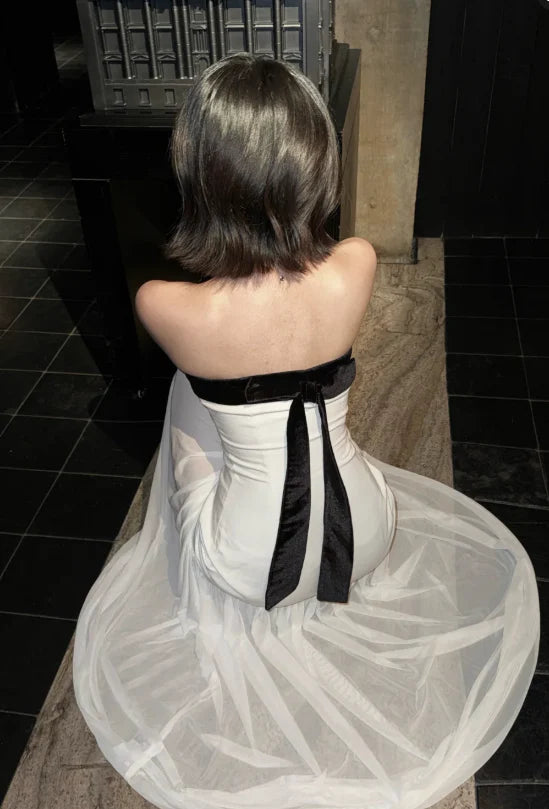 A-line Strapless Chiffon White Floor Length Prom Dress Evening Dress