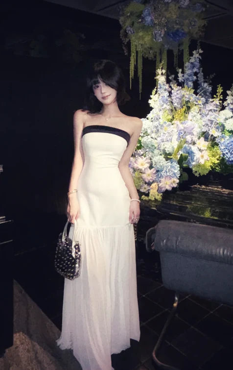 A-line Strapless Chiffon White Floor Length Prom Dress Evening Dress