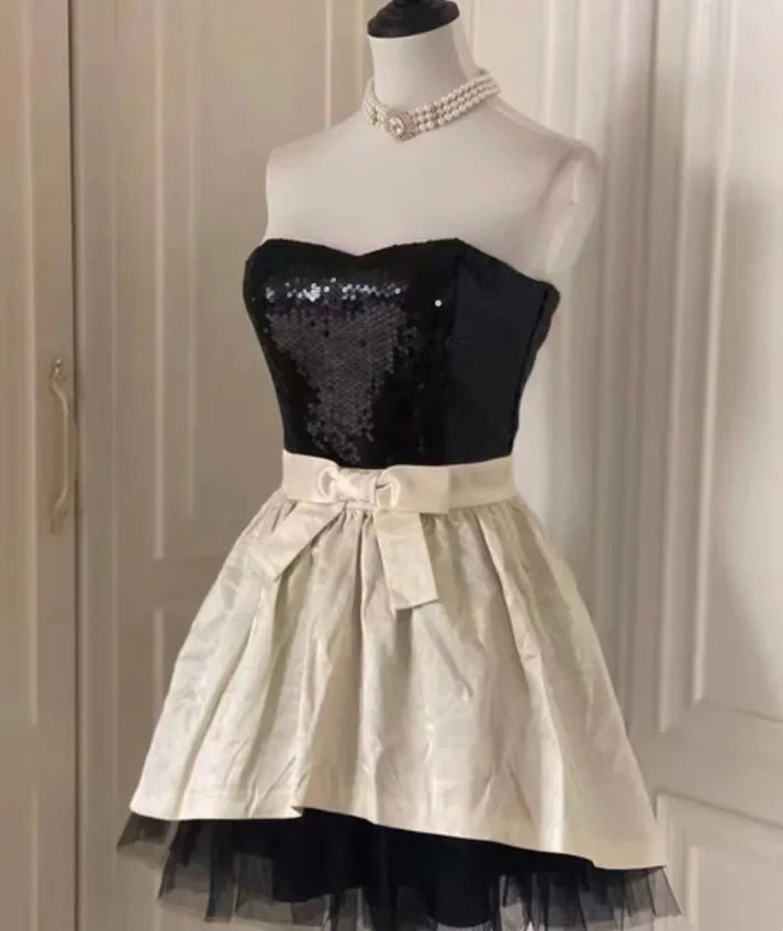 A-line Strapless Homecoming Dress Sequin Black Short Party Dress Hot Sale