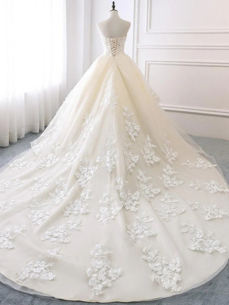 A-line Strapless Lace Champagne Prom Dress Wedding Dress With Train