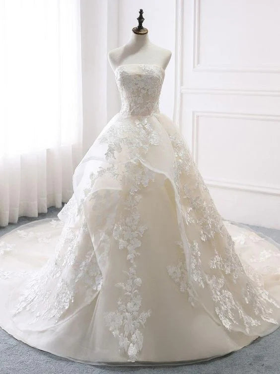 A-line Strapless Lace Champagne Prom Dress Wedding Dress With Train