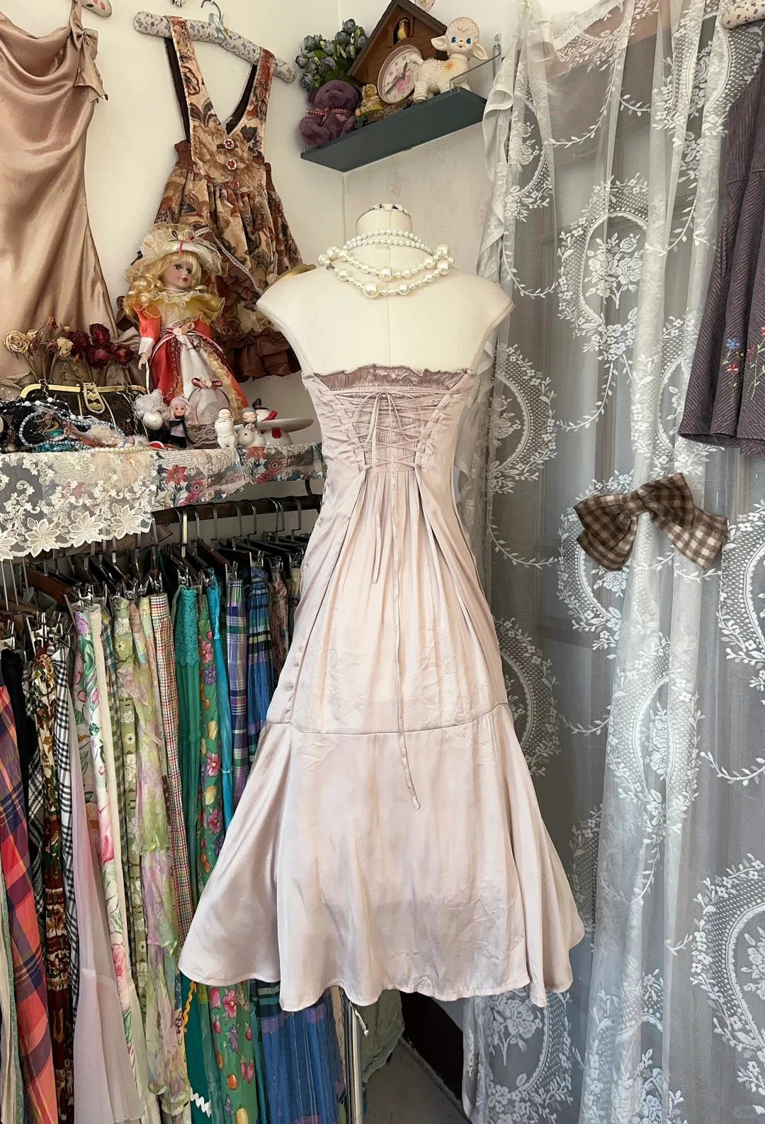 A-line Strapless Lace Up Light Pink Midi Prom Dress Evening Dress