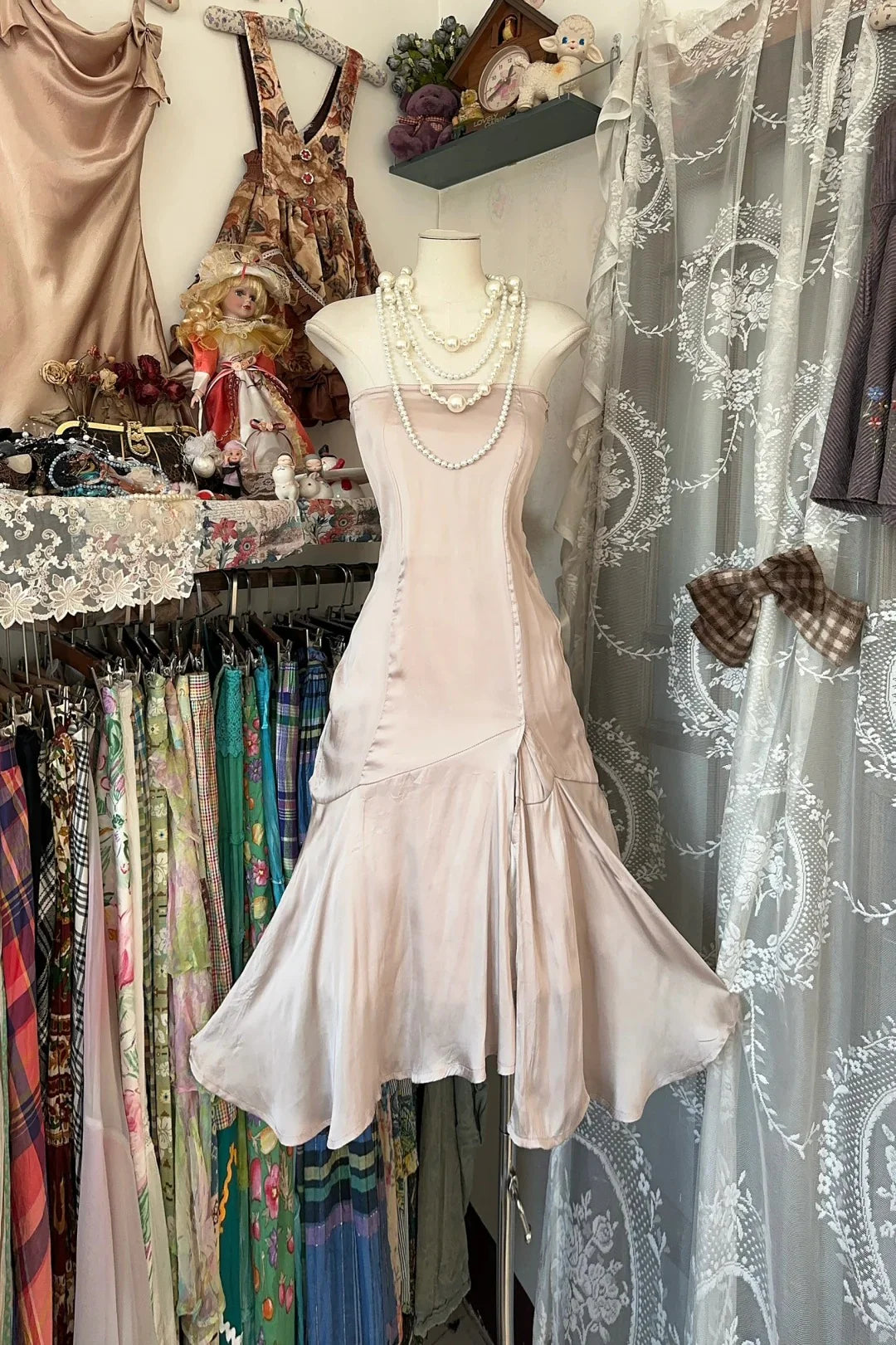 A-line Strapless Lace Up Light Pink Midi Prom Dress Evening Dress