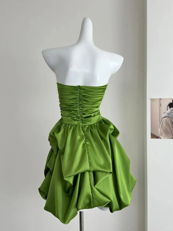 A-line Strapless Pleated Satin Green Short Party Dress With Bubble Hem